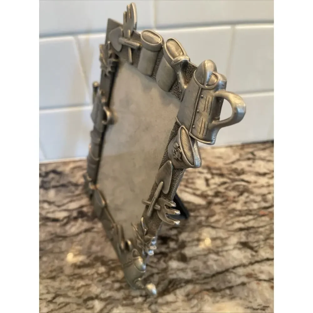 Vintage Pewter Picture Frame Gardening Tools Leaves 4 x 6 Photo Cottage Core